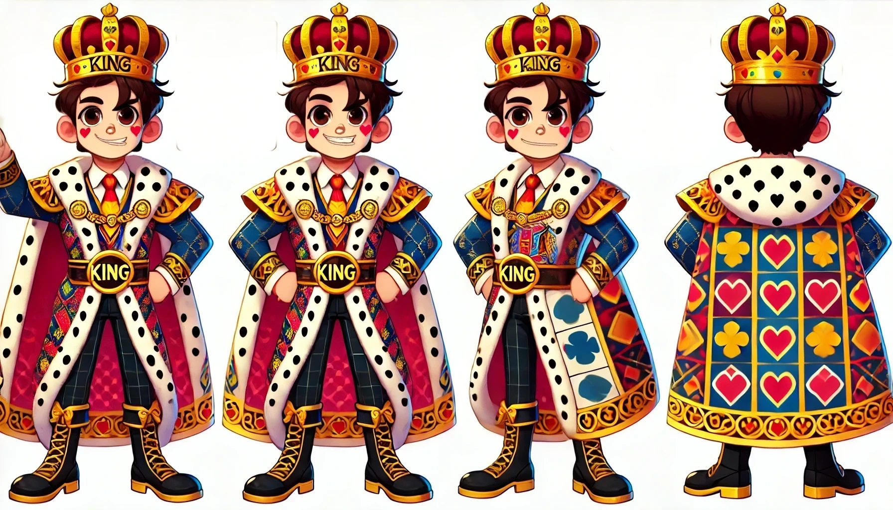 DALL·E 2025-01-04 16.26.49 - A highly detailed and elegant cartoon-style full-body design of a king inspired by playing cards, shown in four different angles (front, back, left si.webp